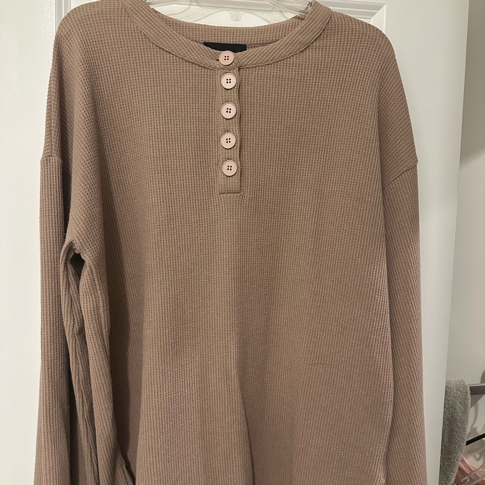 Kittenish Tan Waffle Knit Button Top